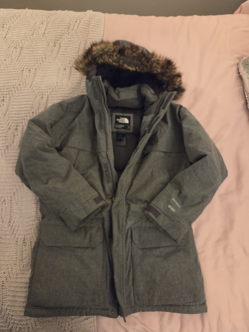 The North  Face 550  Grey Parka with Faux Fur Hood